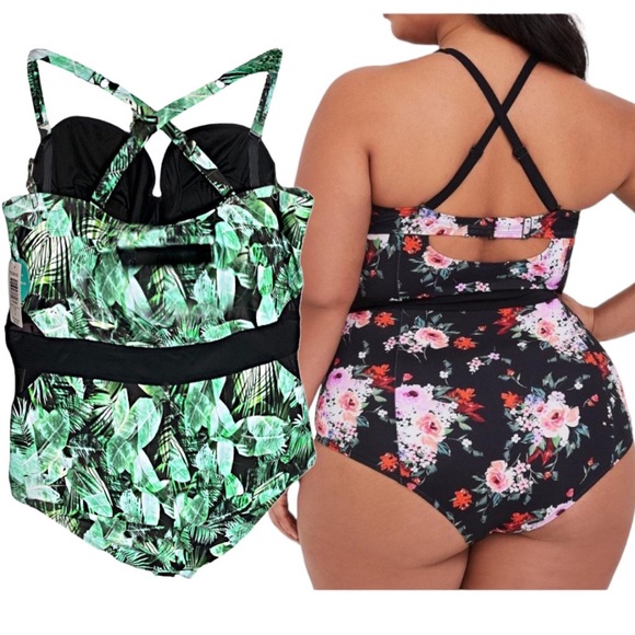 TORRID One Piece Push Up Padded Cut-Out Mesh Green Palm Print Swimsuit N… - Picture 2 of 4